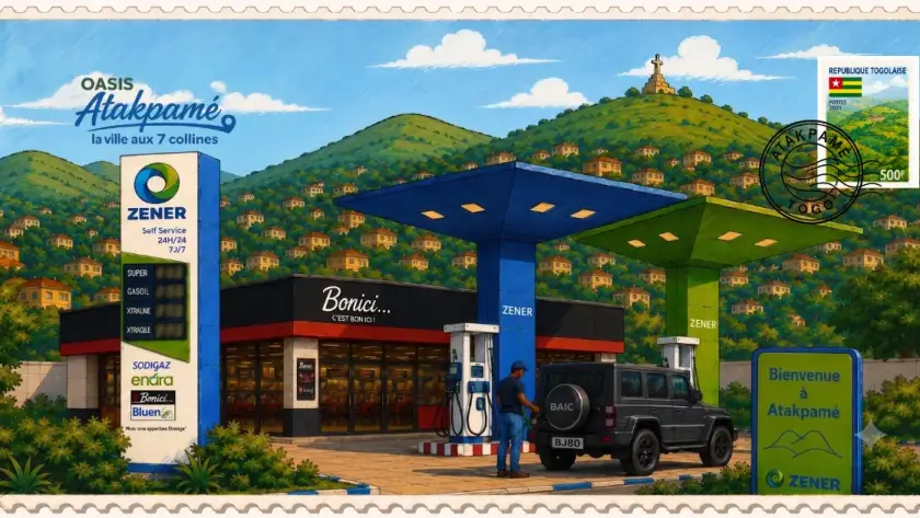 Nouvelle station-service Oasis Zener à Atakpamé, ville aux 7 collines, offrant des services de carburant et d'énergie au Togo.