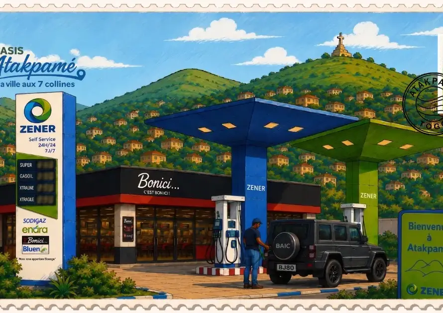 Nouvelle station-service Oasis Zener à Atakpamé, ville aux 7 collines, offrant des services de carburant et d'énergie au Togo.